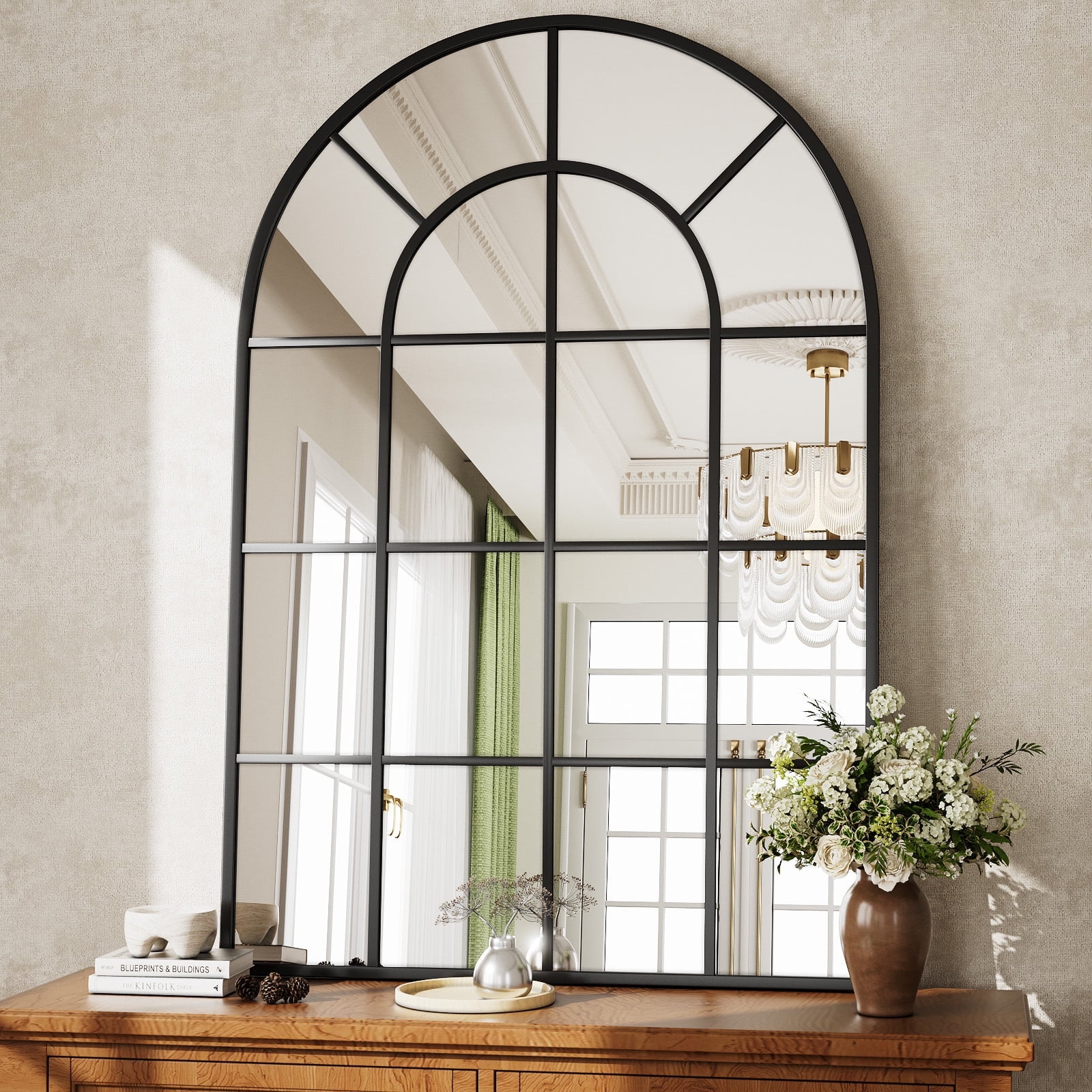 BEAUTYPEAK 36"x 24" Arched Windowpane Mirror Decor Wall Mirror,Black