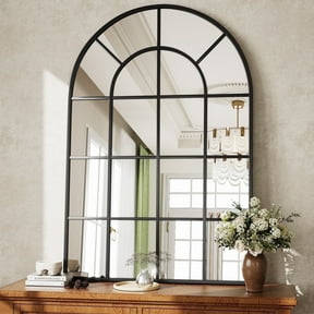 BEAUTYPEAK 36" x 24" Arched Windowpane Mirror Decor Wall Mirror, Black