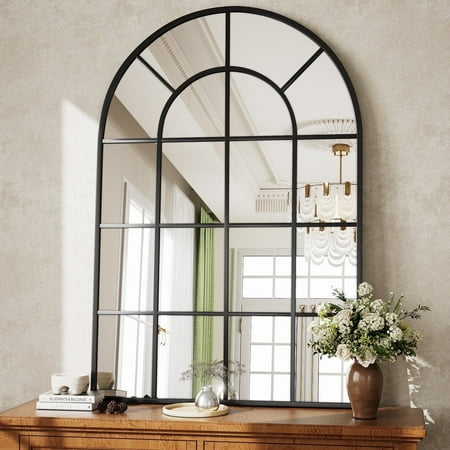BEAUTYPEAK 36″ x 24″ Arched Window Mirror – Elegant Black Frame & Clear Reflection