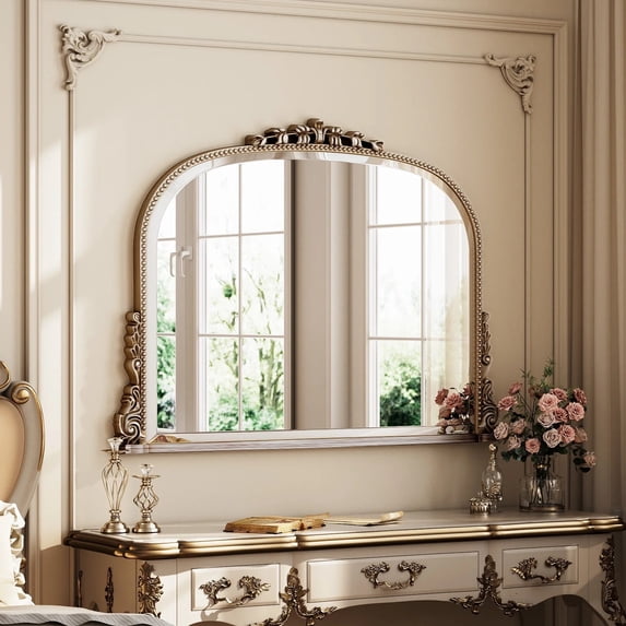 BEAUTYPEAK 36"x 27" Arched Vintage Decor Mirror Vanity Wall Mirror, Antique Silver