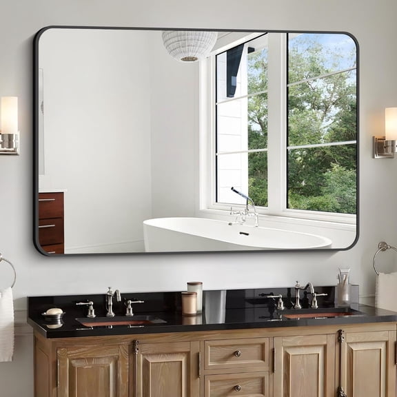 BEAUTYPEAK 36"x 48" Rectangle Rounded Corner Bathroom Aluminum Alloy Wall Mirror,Black