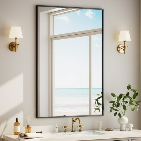 BEAUTYPEAK 36"x24" Bathroom Wall Mirror with Rectangular Metal Frame, Black