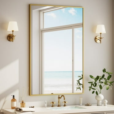 BEAUTYPEAK 36"x24" Bathroom Wall Mirror with Rectangular Metal Frame, Gold