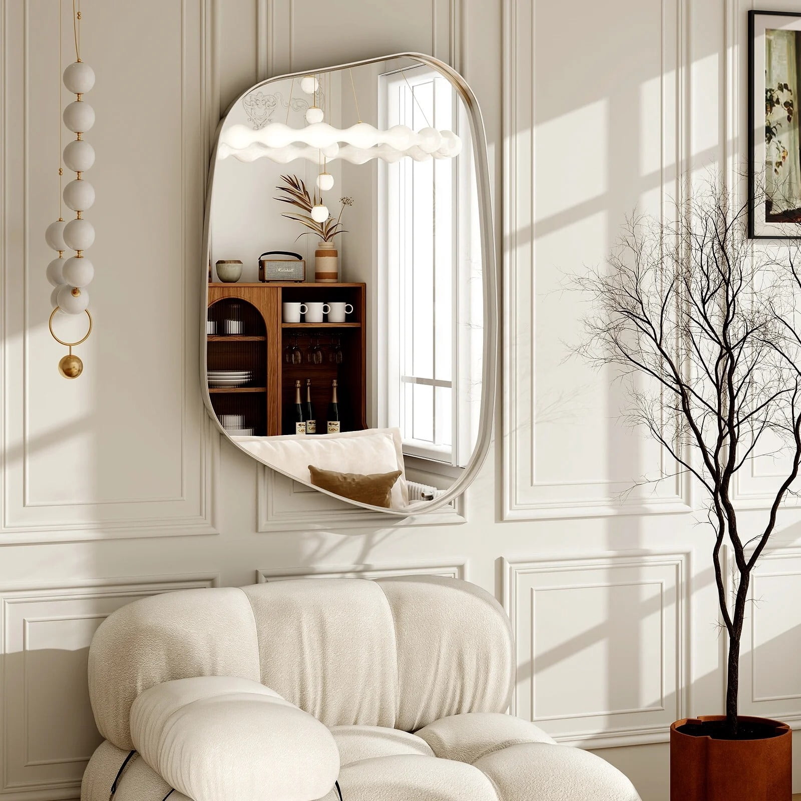 BEAUTYPEAK 36"x24" Irregular Wall Mirror Asymmetrical Decorative Bathroom Mirror Deep Frame, White