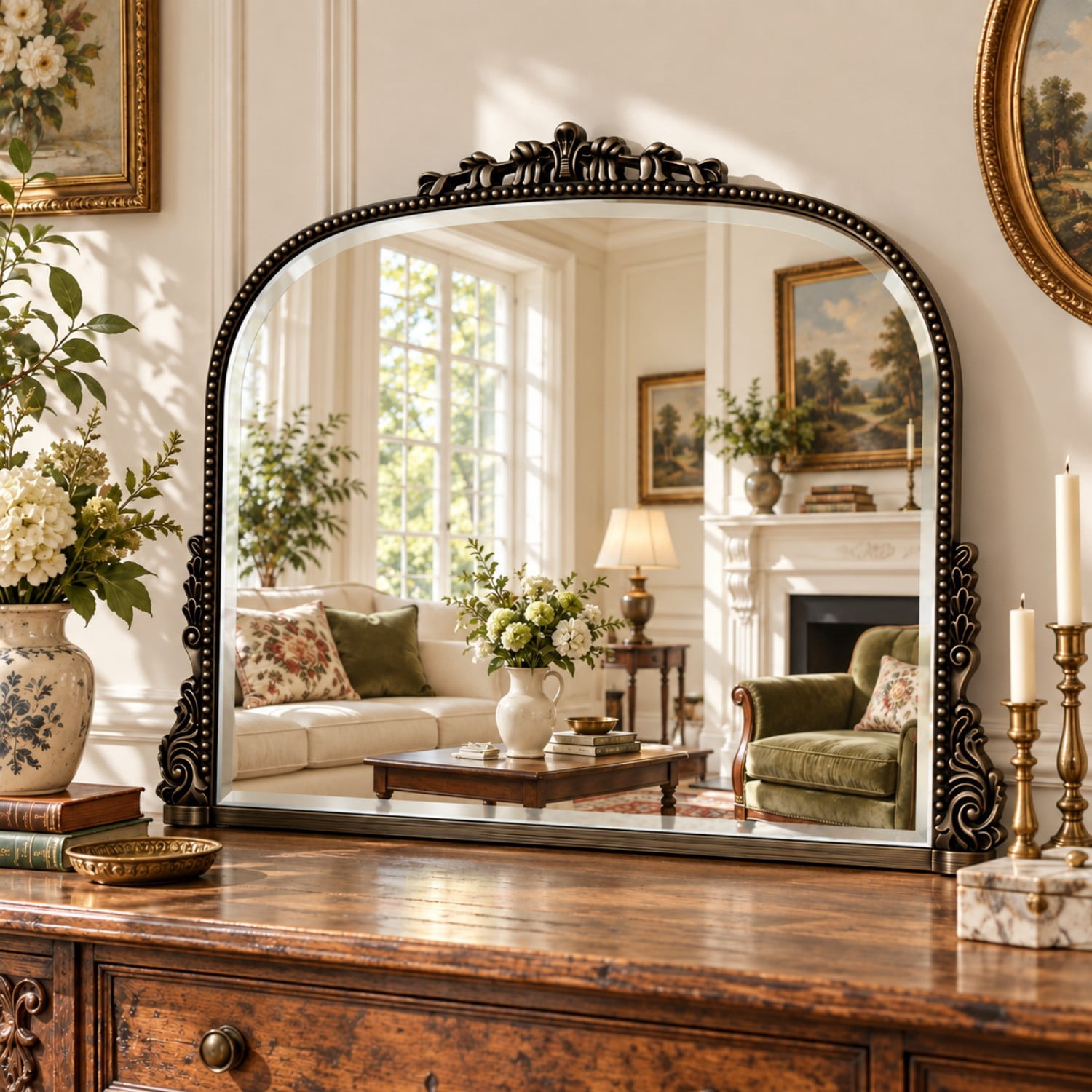 BEAUTYPEAK 36"x27" Vintage Bathroom Mirror Baroque Style Decorative Vanity Mirror Wall Mounted, Antique Bronze