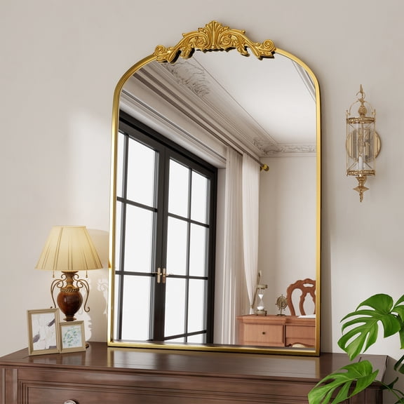 BEAUTYPEAK 38"x 24" Arched Bathroom Mirror Baroque Style Wall Decor,Gold