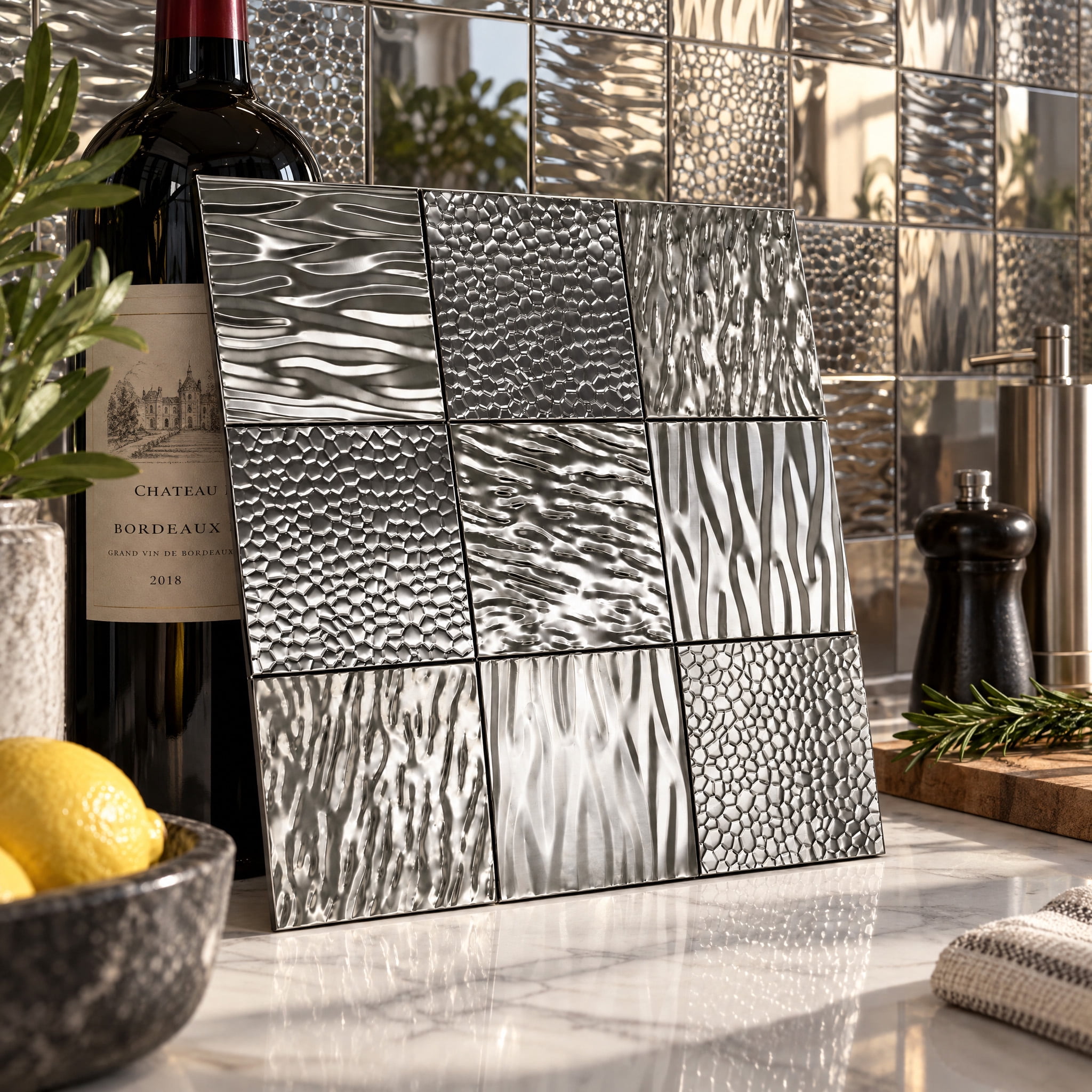 Metallic Graphite Tile BEAUTYPEAK 3D Wall Panels Metal Mosaic Tiles 5Pcs 12