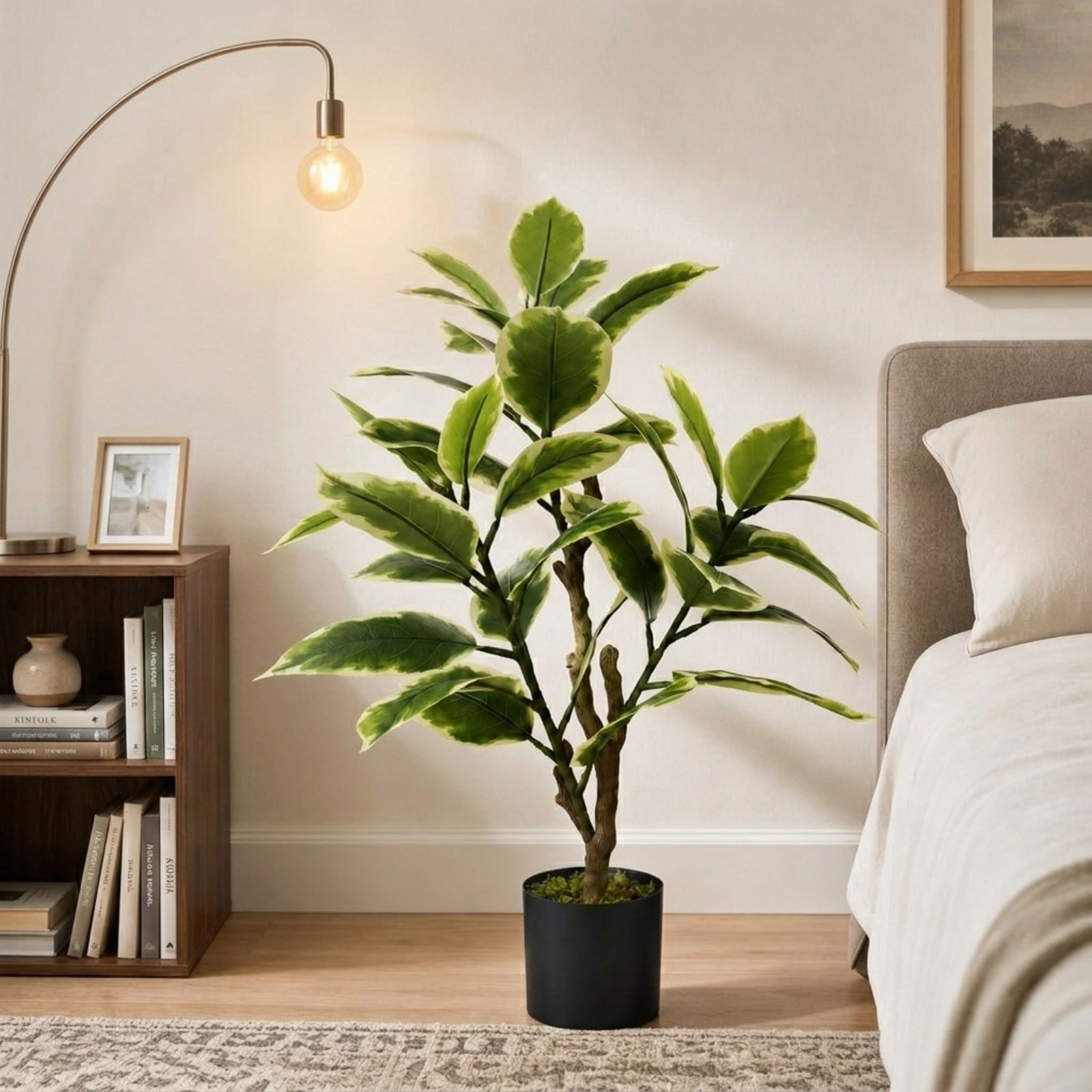BEAUTYPEAK 3FT Artificial Plant Fake Indoor Rubber Tree Decorative Outdoor Greenery in Black Pot