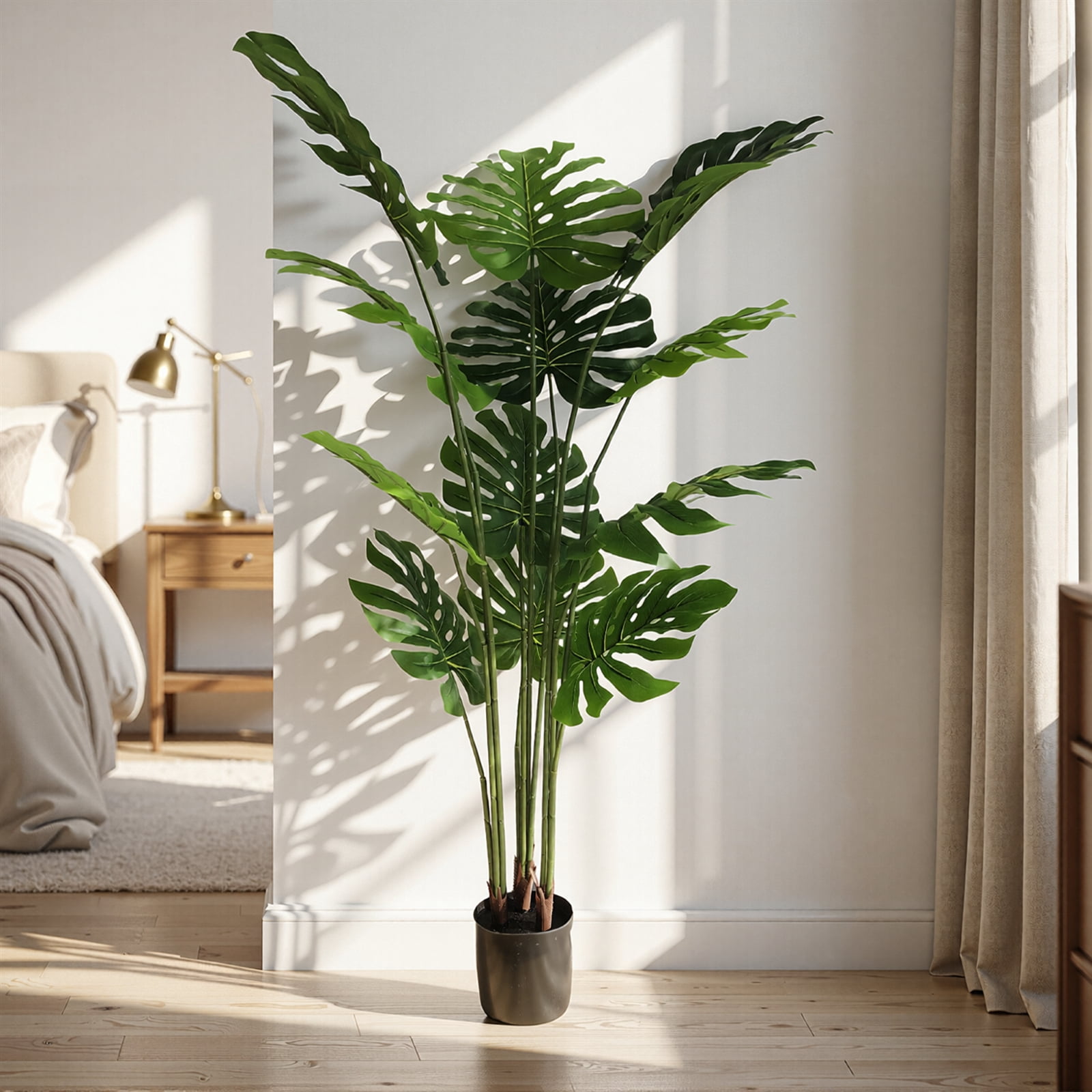 BEAUTYPEAK 4.6FT Artificial Plant Fake Indoor Monstera Plant Decorative Outdoor Greenery in Black Pot