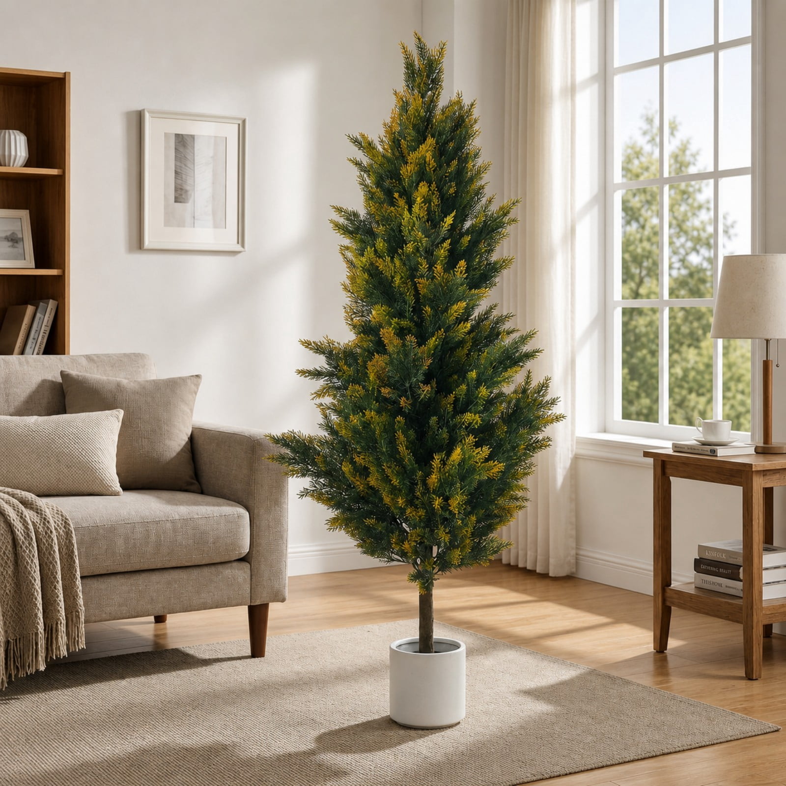 BEAUTYPEAK 4.9FT Artificial Plant Fake Indoor Pine Tree Decorative Outdoor Greenery in White Pot