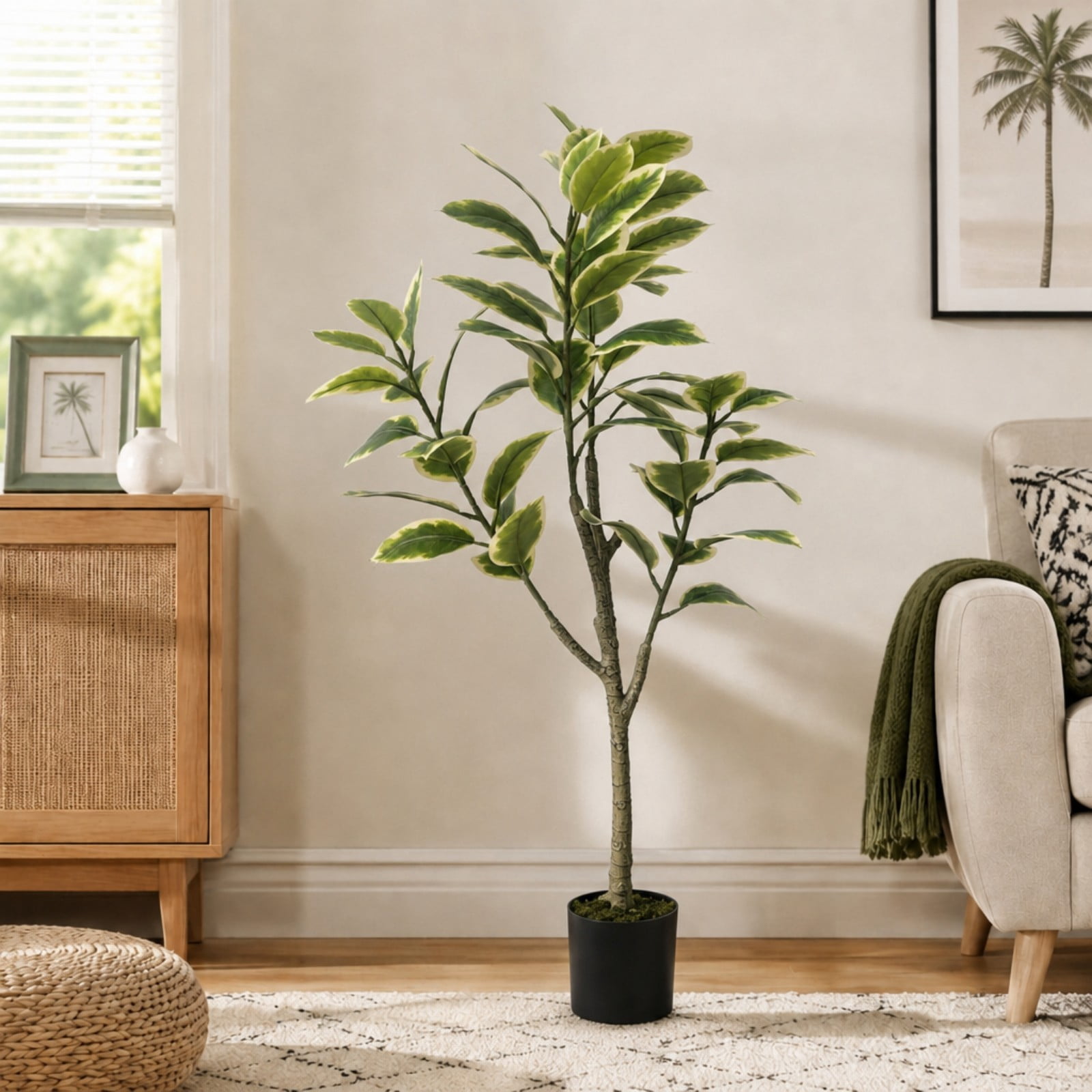 BEAUTYPEAK 4.9FT Artificial Plant Fake Indoor Rubber Tree Decorative Outdoor Greenery in Black Pot