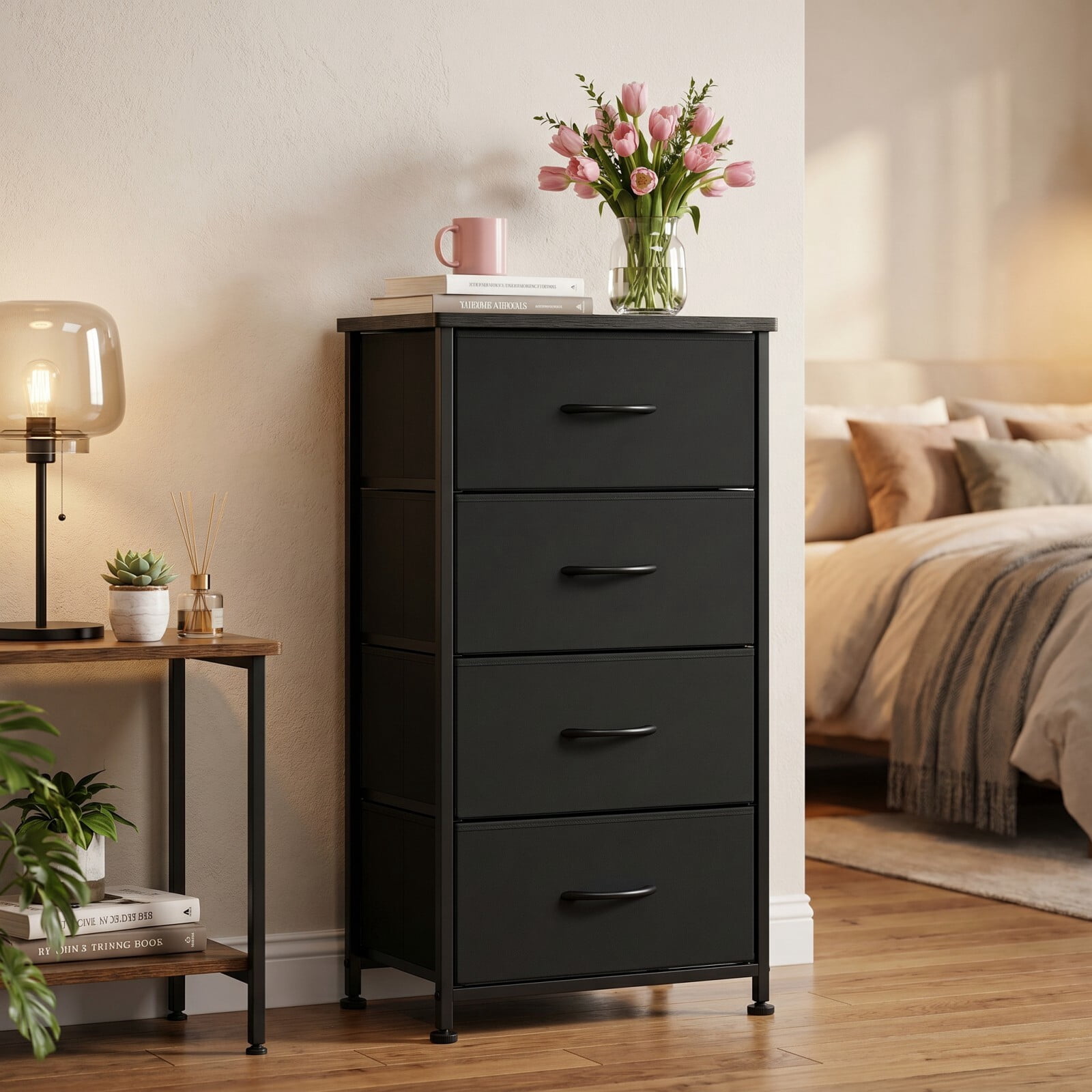 BEAUTYPEAK 4-Drawer Fabric Dresser Nightstand Bedside Table with Wood Top Adjustable Feet, Black