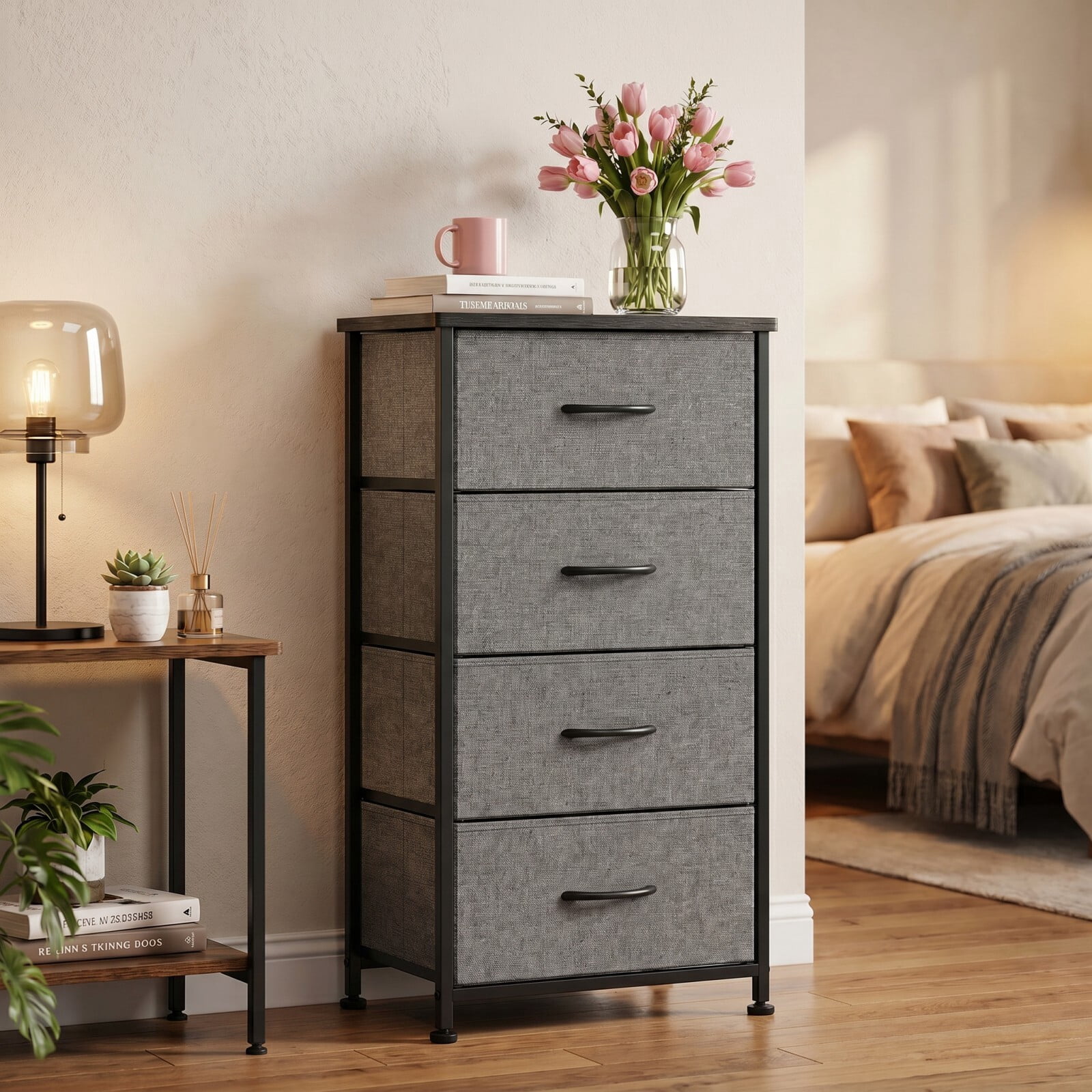 BEAUTYPEAK 4-Drawer Fabric Dresser Nightstand Bedside Table with Wood Top Adjustable Feet, Gray