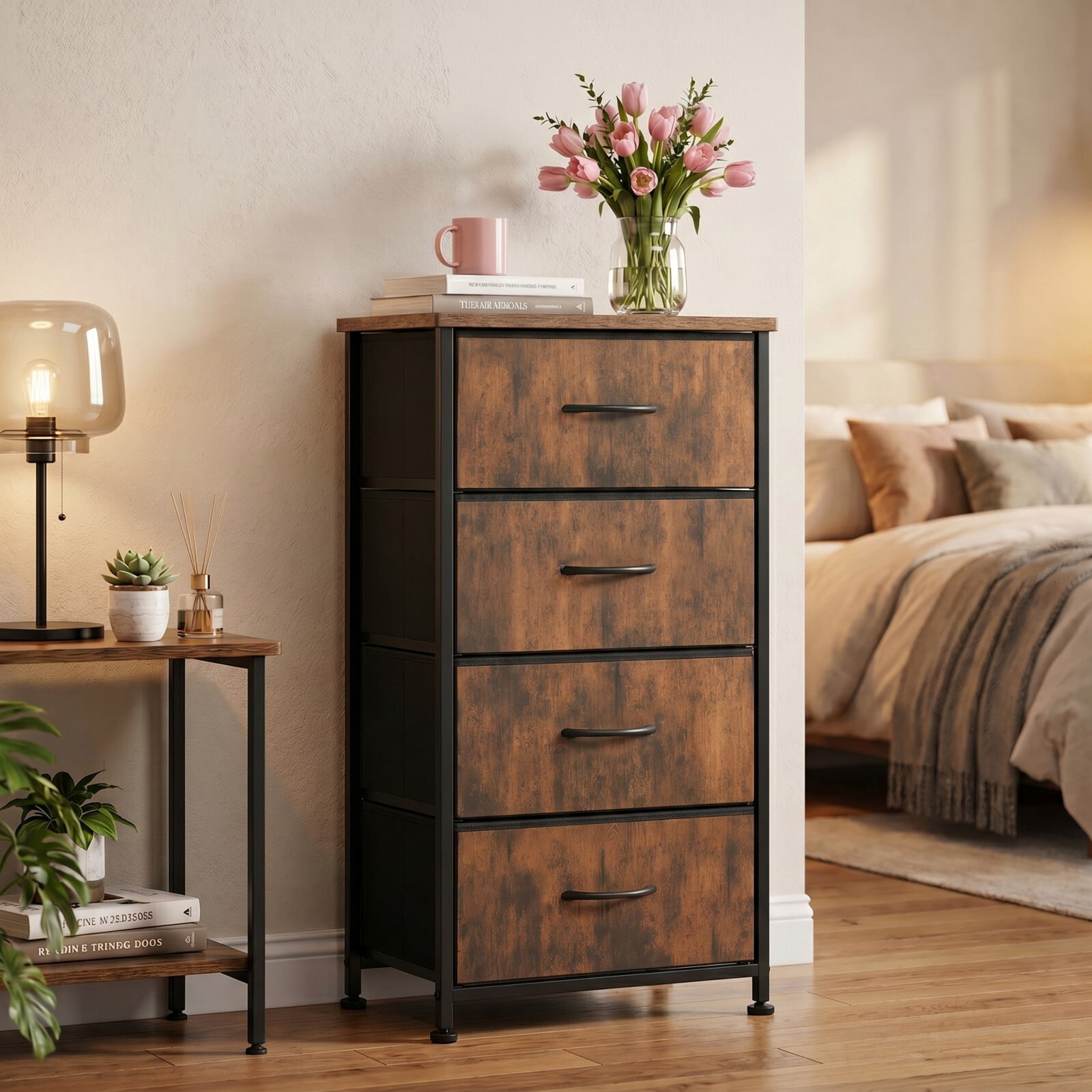 BEAUTYPEAK 4-Drawer Fabric Dresser Nightstand Bedside Table with Wood Top Adjustable Feet, Rustic Brown