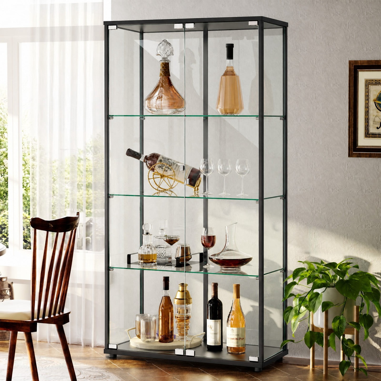 BEAUTYPEAK 4-Tier Display Cabinet with Glass Doors, Double-Door Curio Cases with Aluminum Frame, Black Panels