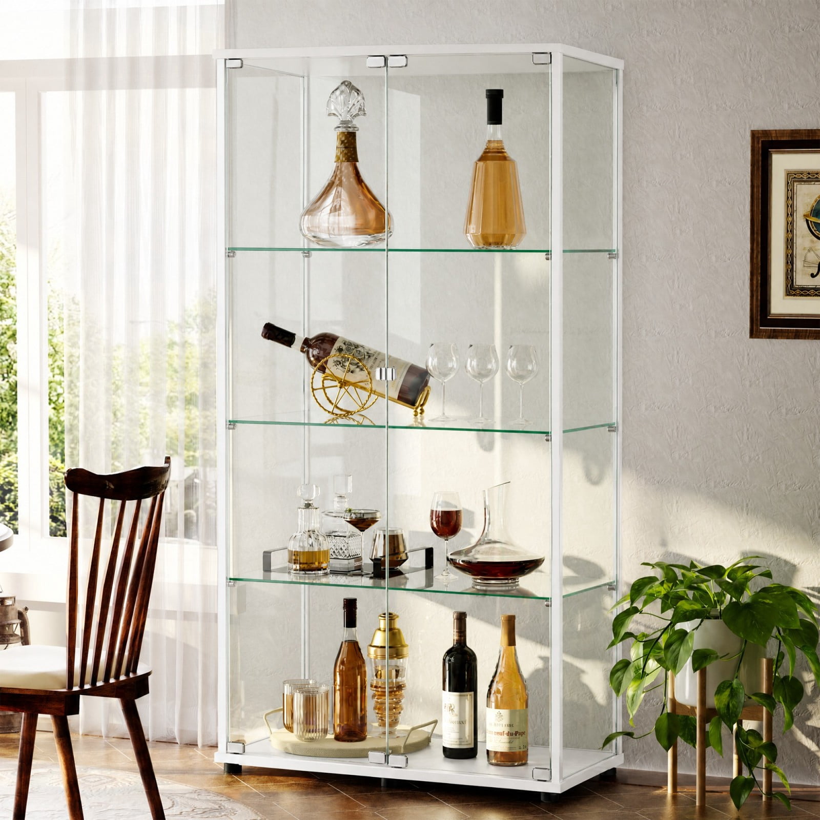 BEAUTYPEAK 4-Tier Display Cabinet with Glass Doors, Double-Door Curio Cases with Aluminum Frame, White Panels