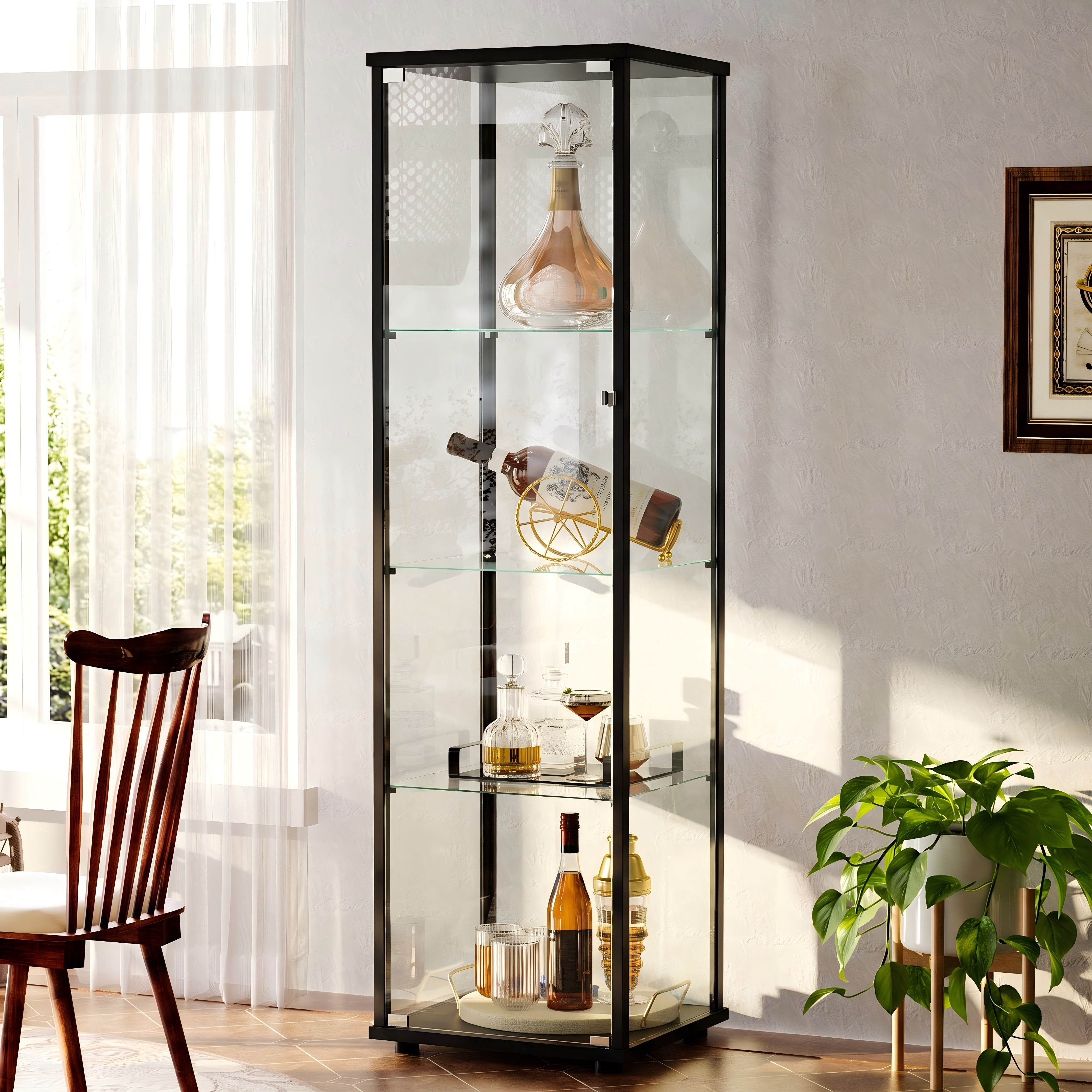 BEAUTYPEAK 4-Tier Display Cabinet with Glass Doors, Single-Door Curio Cases with Aluminum Frame, Black Panels