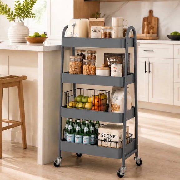 BEAUTYPEAK 4-Tier Rolling Utility Cart Metal Storage Organizer with Lockable Casters Mesh Cart, Gray
