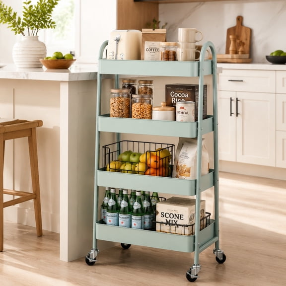 BEAUTYPEAK 4-Tier Rolling Utility Cart Metal Storage Organizer with Lockable Casters Mesh Cart, Green