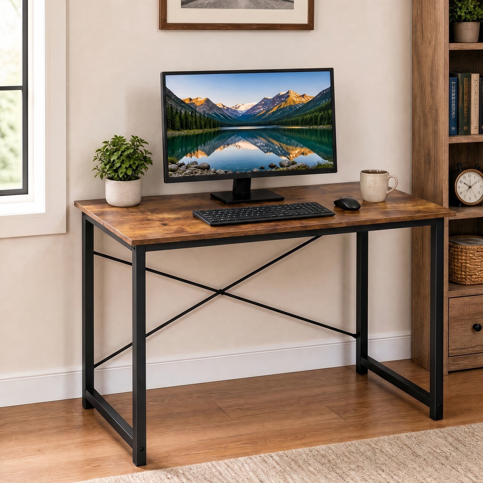 BEAUTYPEAK 40" Computer Desk Writing Gaming Table with Wood Top X-Shaped Reinforced Frame, Rustic Brown