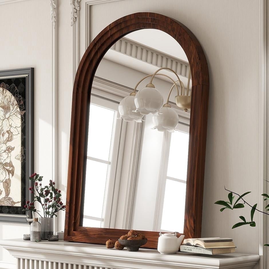 BEAUTYPEAK 40"x 30" Arched Bathroom Mirror Wall Mirror Wooden Frame,Brown