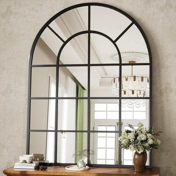 BEAUTYPEAK 40" x 30" Arched Windowpane Mirror Decor Wall Mirror, Black