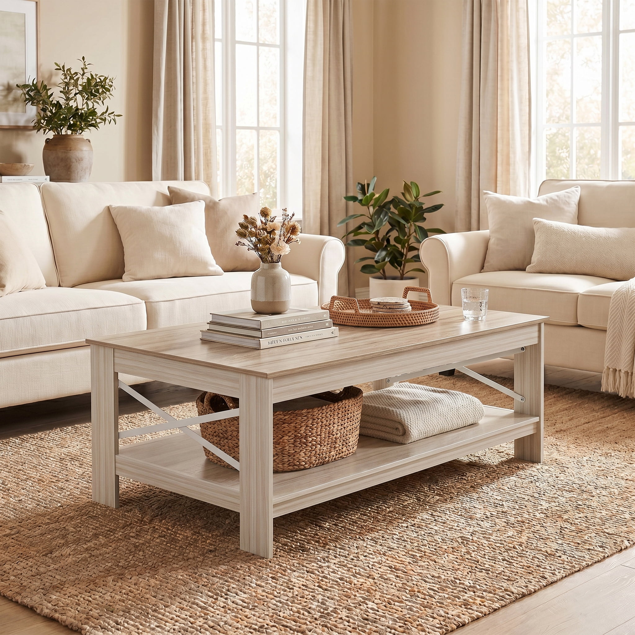 BEAUTYPEAK 40"x22" Coffee Table with Storage Shelves Rectangular Living Room Center Table, Beige