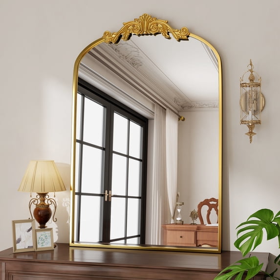 BEAUTYPEAK 40"x26" Vanity Wall Mirror Decorative Vintage Arch Bathroom Mirror,Gold