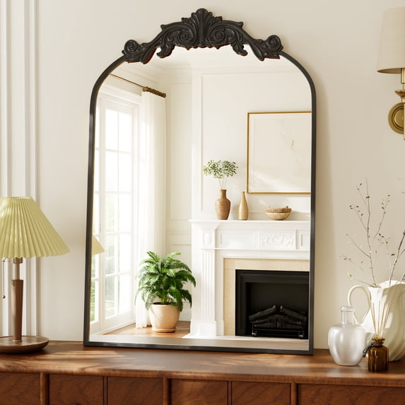 BEAUTYPEAK 40"x26" Wall Decor Mirror Arched Metal Vintage Bathroom Mirror,Black