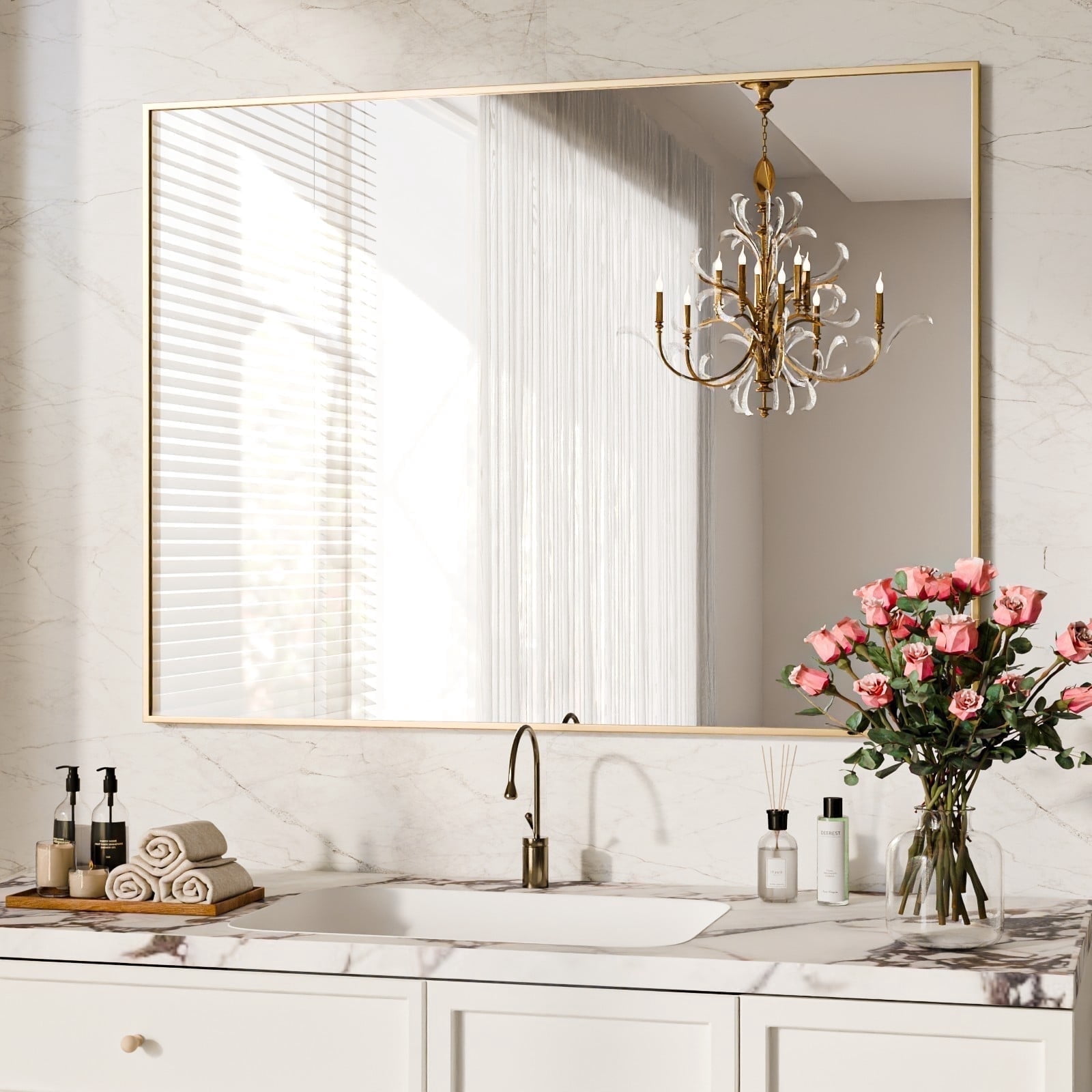 BEAUTYPEAK BEAUTYPEAK 40"x30" Bathroom Wall Mirror with Rectangular Metal Frame, Gold