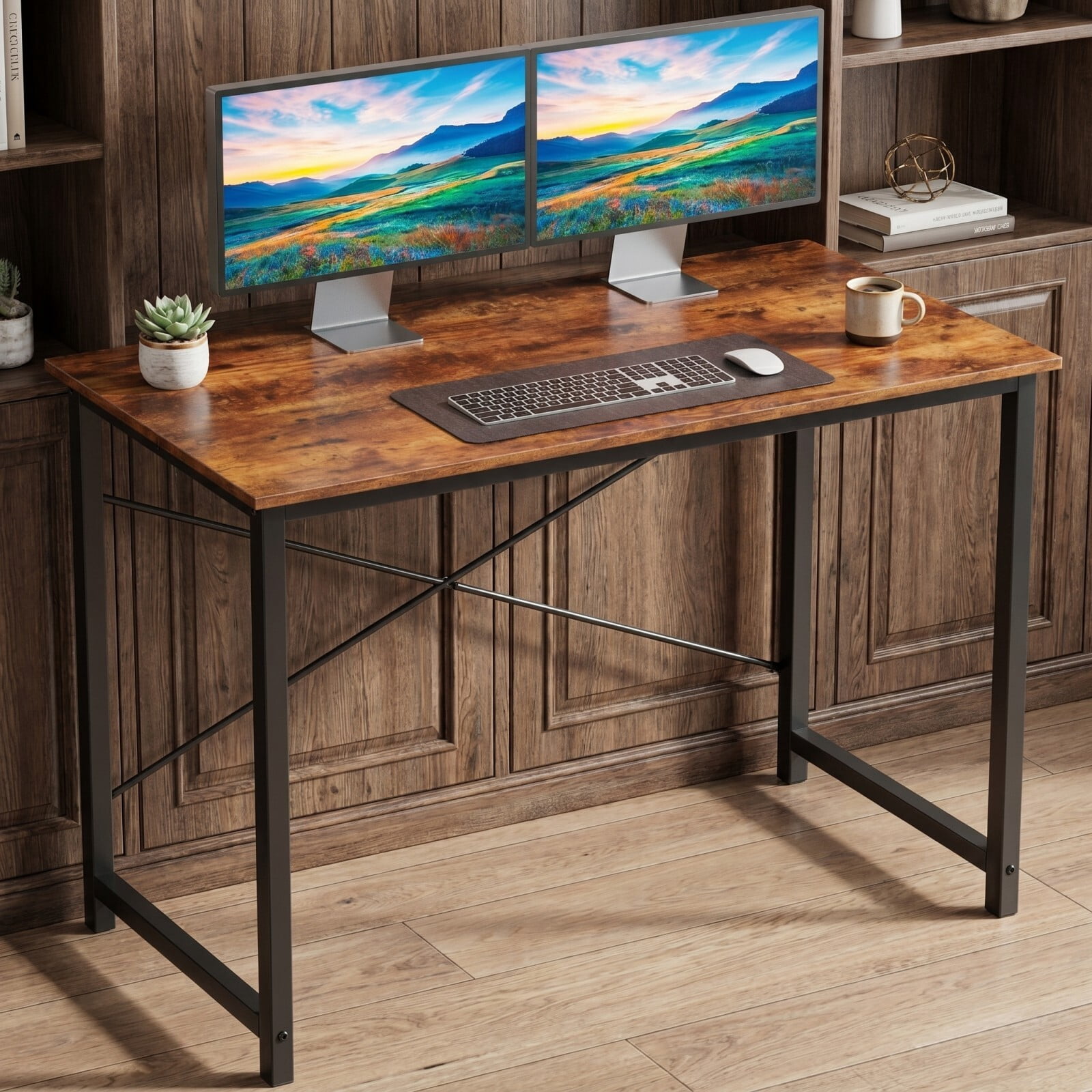 BEAUTYPEAK 44" Computer Desk Writing Gaming Table with Wood Top X-Shaped Reinforced Frame, Rustic Brown