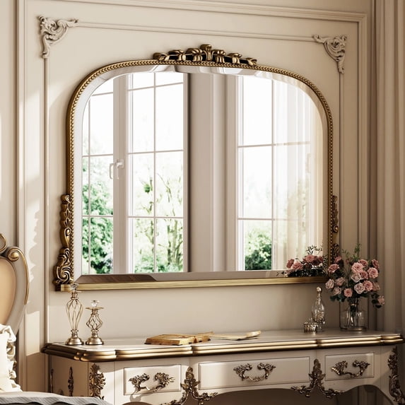 BEAUTYPEAK 44"x 32" Arched Vintage Decor Mirror Vanity Wall Mirror, Antique Bronze
