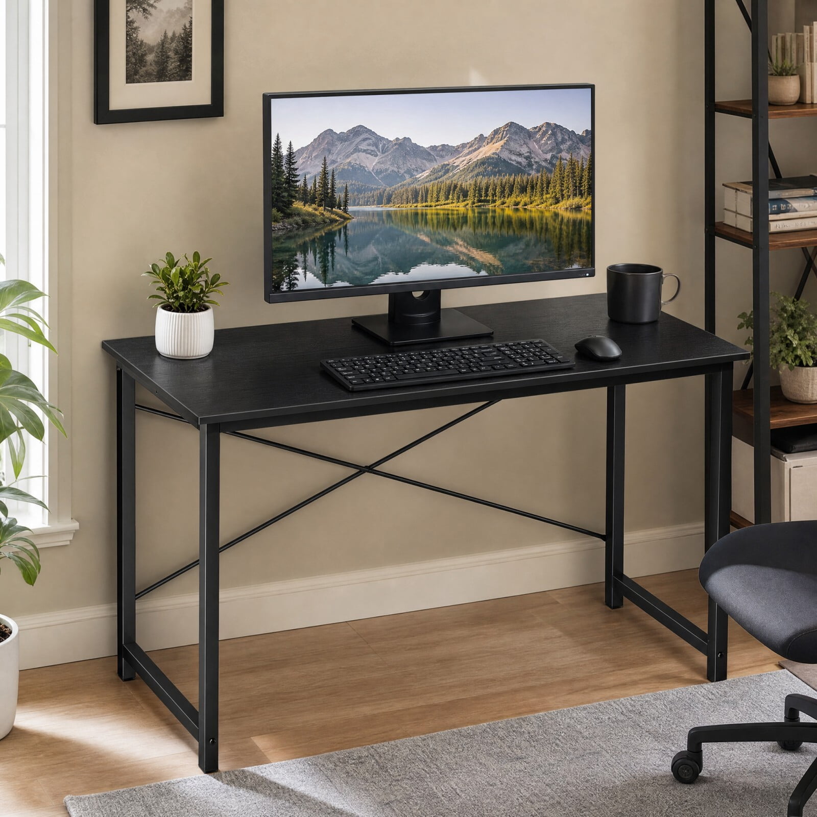 BEAUTYPEAK 47" Computer Desk Writing Gaming Table with Wood Top X-Shaped Reinforced Frame, Black