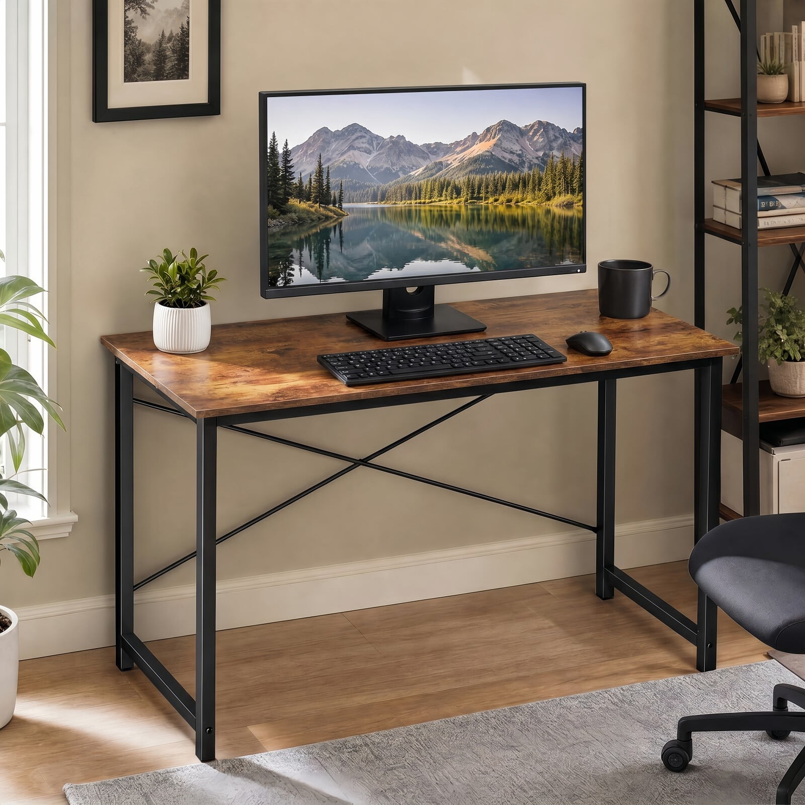 BEAUTYPEAK 47" Computer Desk Writing Gaming Table with Wood Top X-Shaped Reinforced Frame, Rustic Brown