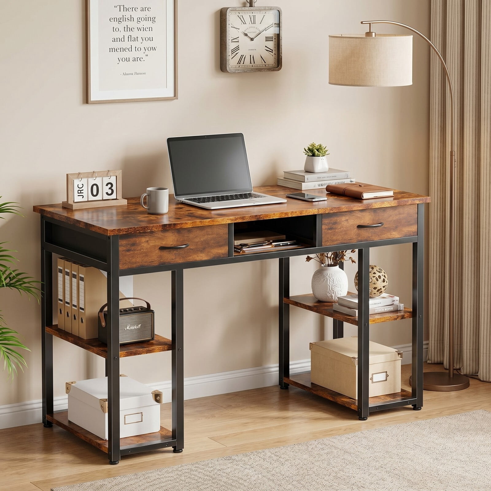 BEAUTYPEAK 48" Computer Desk with Fabric Drawers Storage Shelves Adjustable Feet Writing Gaming Table, Rustic Brown