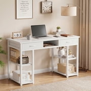 BEAUTYPEAK 48" Computer Desk with Fabric Drawers Storage Shelves Adjustable Feet Writing Gaming Table, White