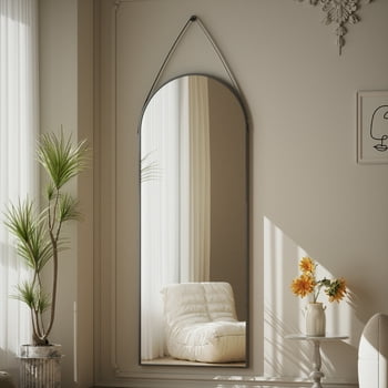 BEAUTYPEAK 48" x 16" Arched Full Length Mirror Hanging Wall Mirrors with Leather Strap, Black