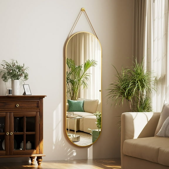BEAUTYPEAK 48" x 16" Full Length Mirror Oval Hanging Wall Mirror with Leather Strap,Gold