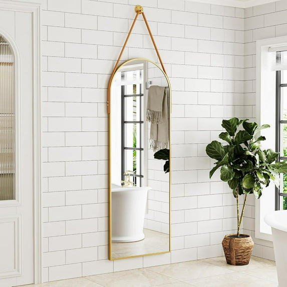 BEAUTYPEAK 48"x16" Arched Full Length Wall Mirror with Leather Hanging Straps and Aluminum Frame,Gold