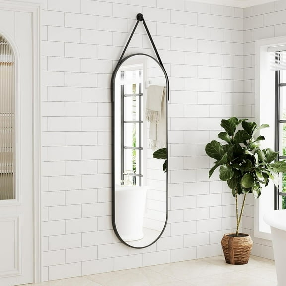 BEAUTYPEAK 48"x16" Oval Full Length Wall Mirror with Leather Hanging Straps and Aluminum Frame,Black