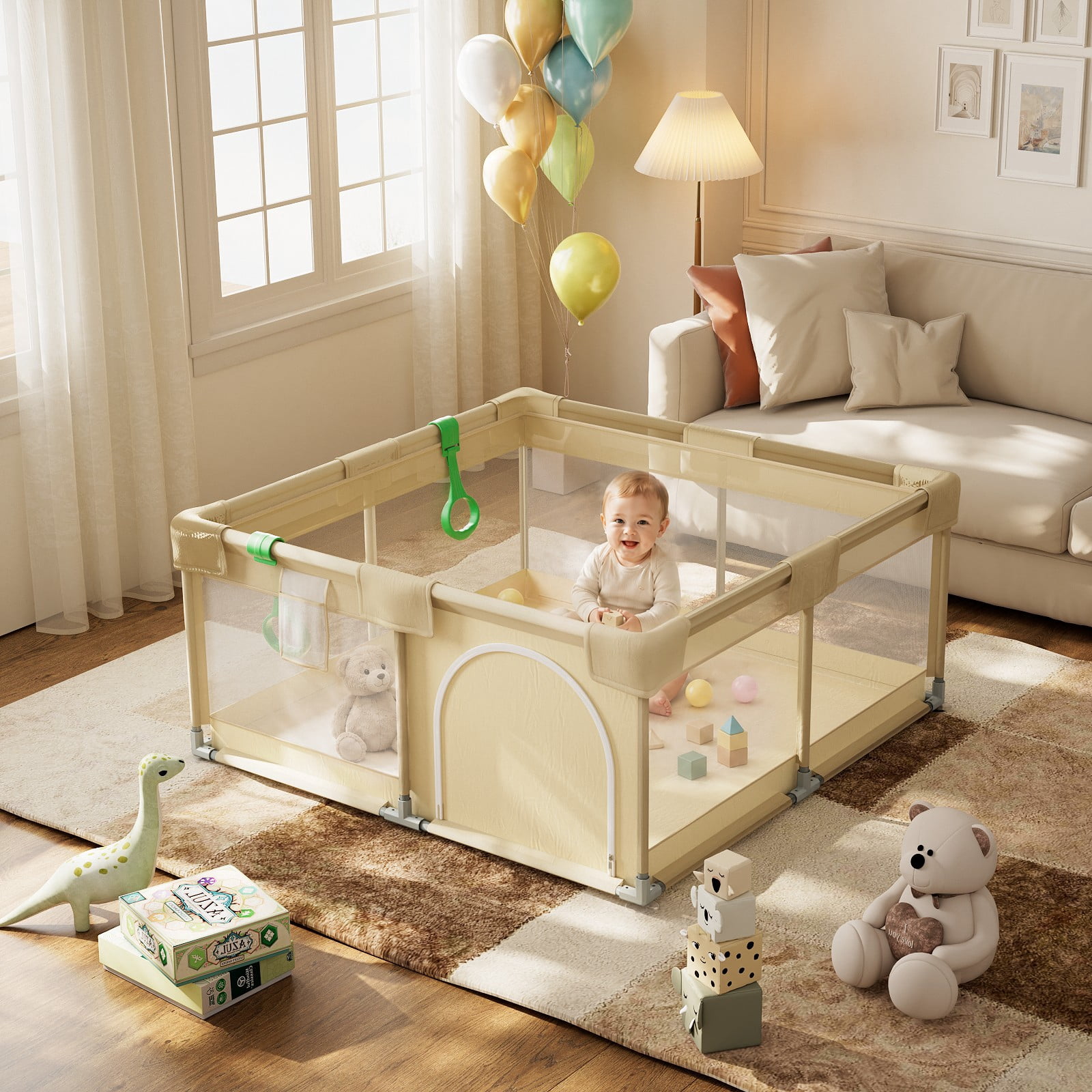 BEAUTYPEAK 48"x48" Large Baby Playpen Toddler Play Yard Fence for Boys and Girls, Pale Yellow