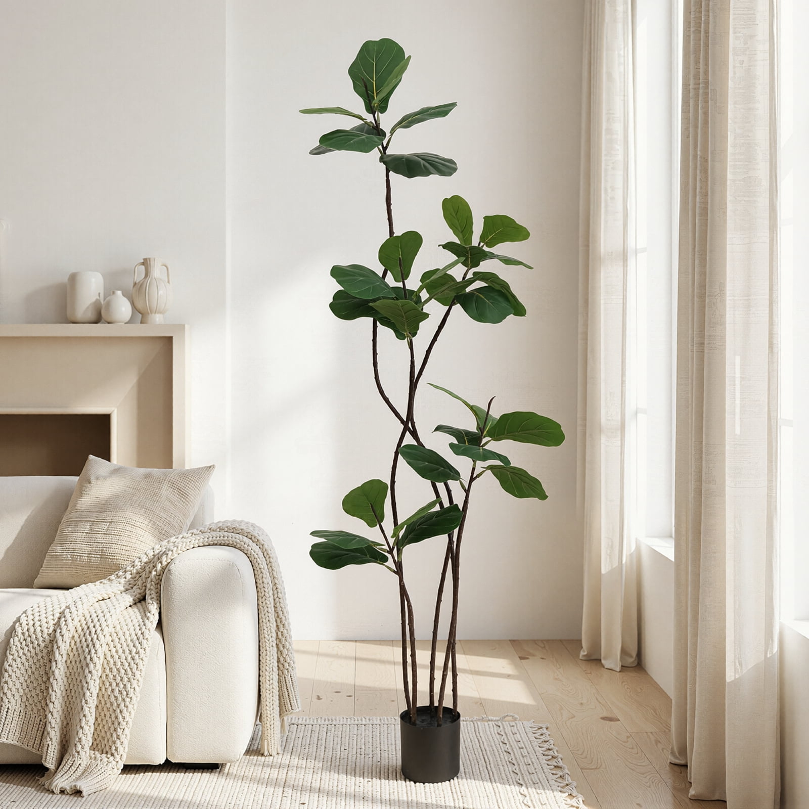 BEAUTYPEAK 4FT Artificial Fiddle Leaf Fig Tree Faux Ficus Tree Fake Green House Plants Indoor Outdoor Floor Plant