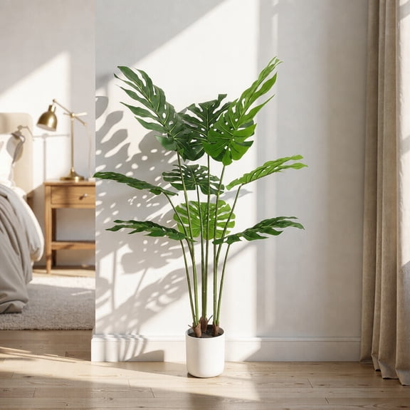 BEAUTYPEAK 4FT Artificial Plant Fake Indoor Monstera Plant Decorative Outdoor Greenery in White Pot