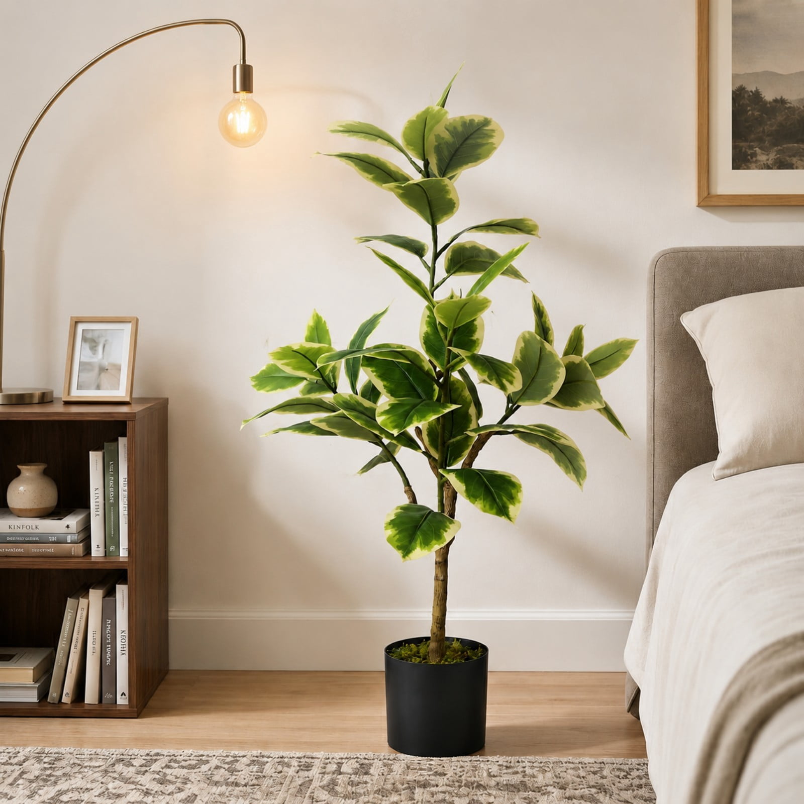 BEAUTYPEAK 4FT Artificial Plant Fake Indoor Rubber Tree Decorative Outdoor Greenery in Black Pot