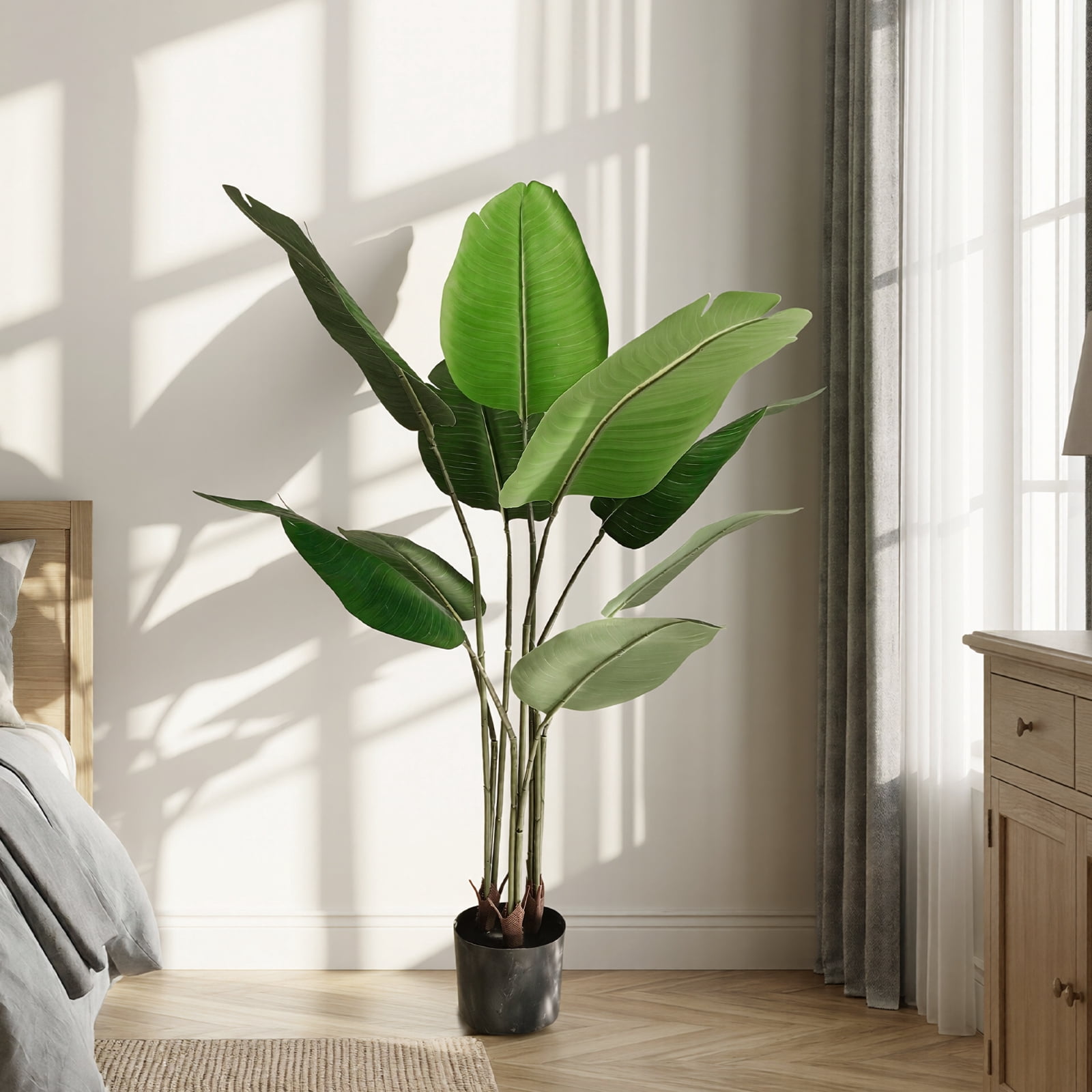 BEAUTYPEAK 4Ft Artificial Birds of Paradise Plant Faux Banana Leaf Tree Fake Tropical Palm Tree Indoor Outdoor Floor Plant