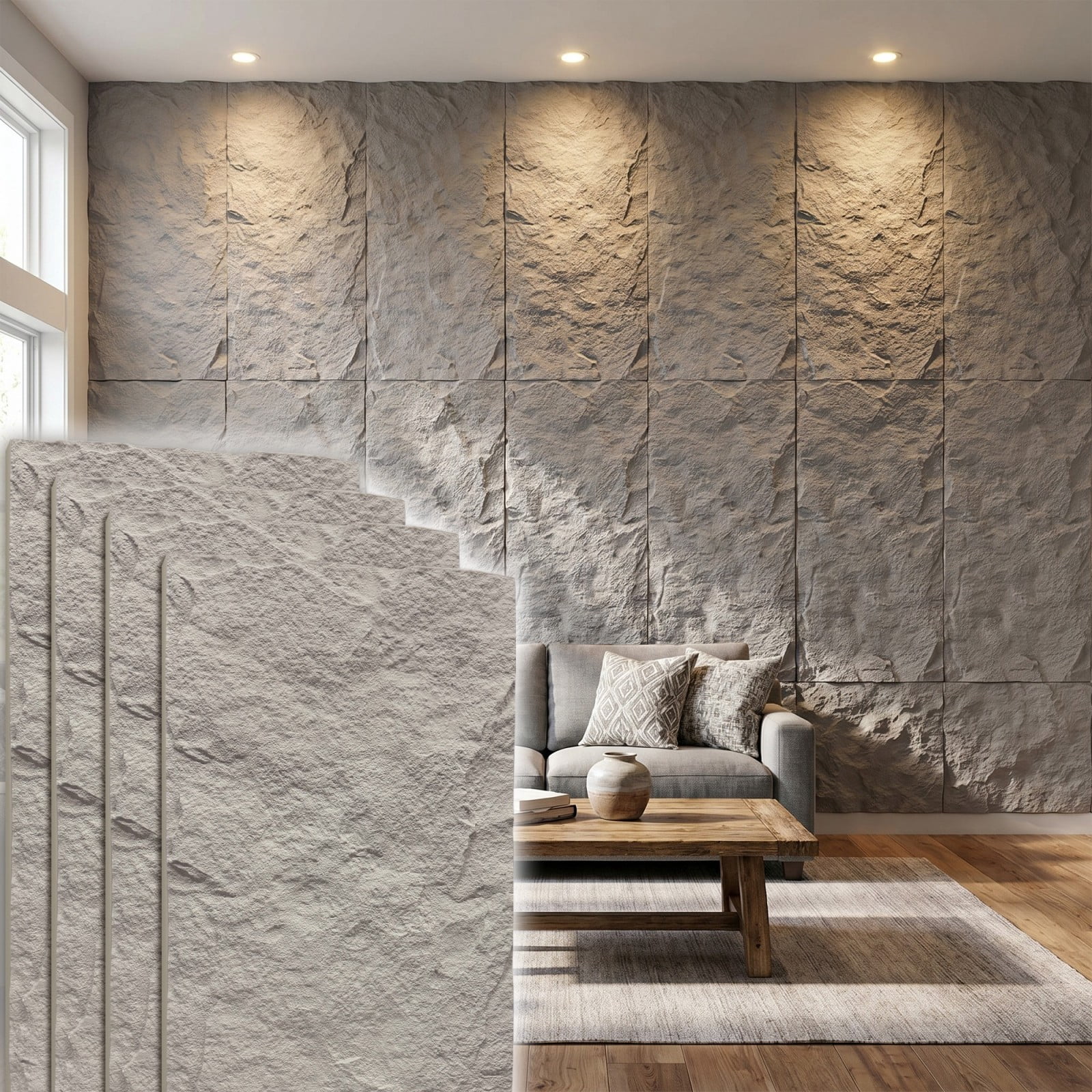 BEAUTYPEAK 4PCS 48"x 24" 3D Wall Decor Wall Panels Faux Stone Siding, Cement Grey