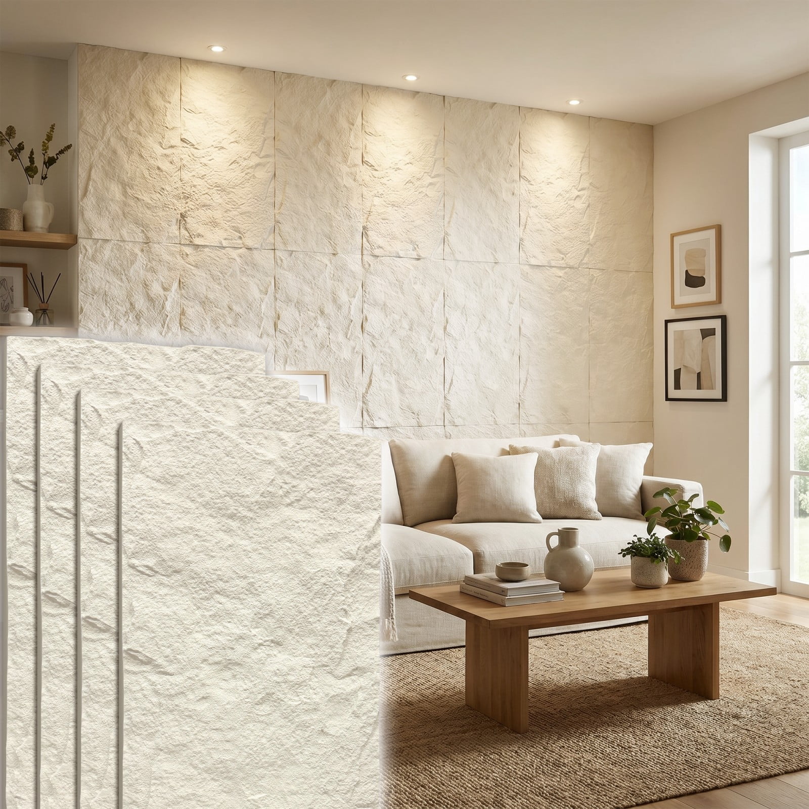 BEAUTYPEAK 4PCS 48"x 24" 3D Wall Decor Wall Panels Faux Stone Siding, Ivory White