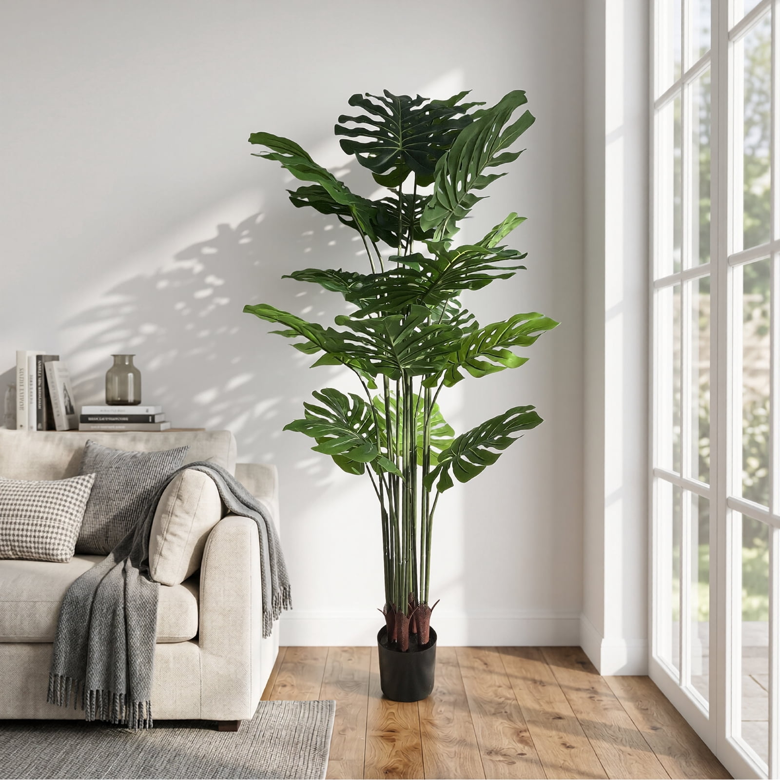 BEAUTYPEAK 5.3FT Artificial Plant Fake Indoor Monstera Plant Decorative Outdoor Greenery in Black Pot