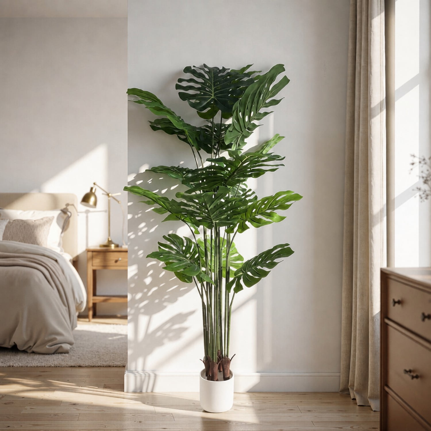BEAUTYPEAK 5.3FT Artificial Plant Fake Indoor Monstera Plant Decorative Outdoor Greenery in White Pot