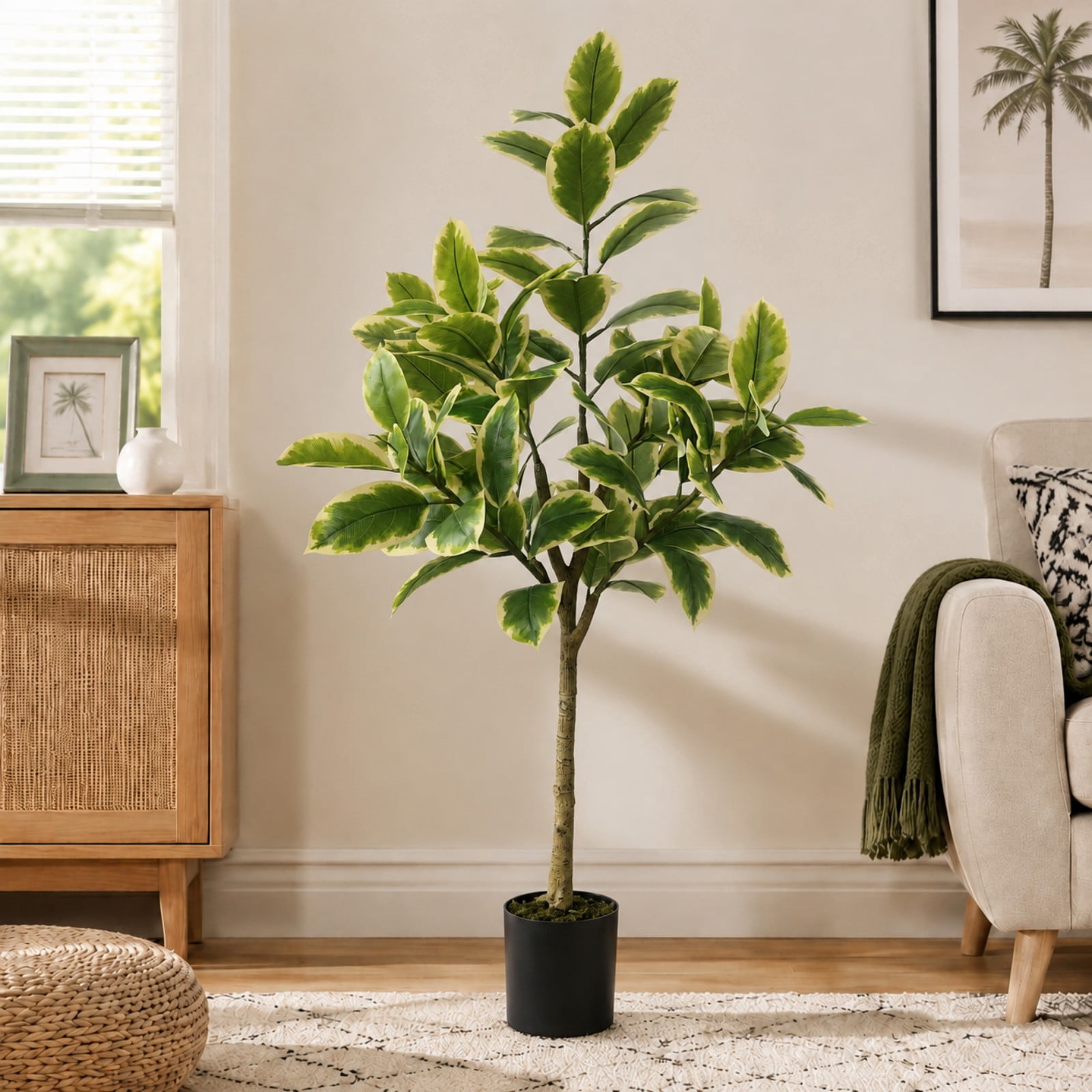 BEAUTYPEAK 5.6FT Artificial Plant Fake Indoor Rubber Tree Decorative Outdoor Greenery in Black Pot